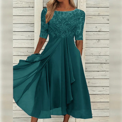 Elegant Midi Dress with Lace Detail and Flowing Skirt for Special Occasions