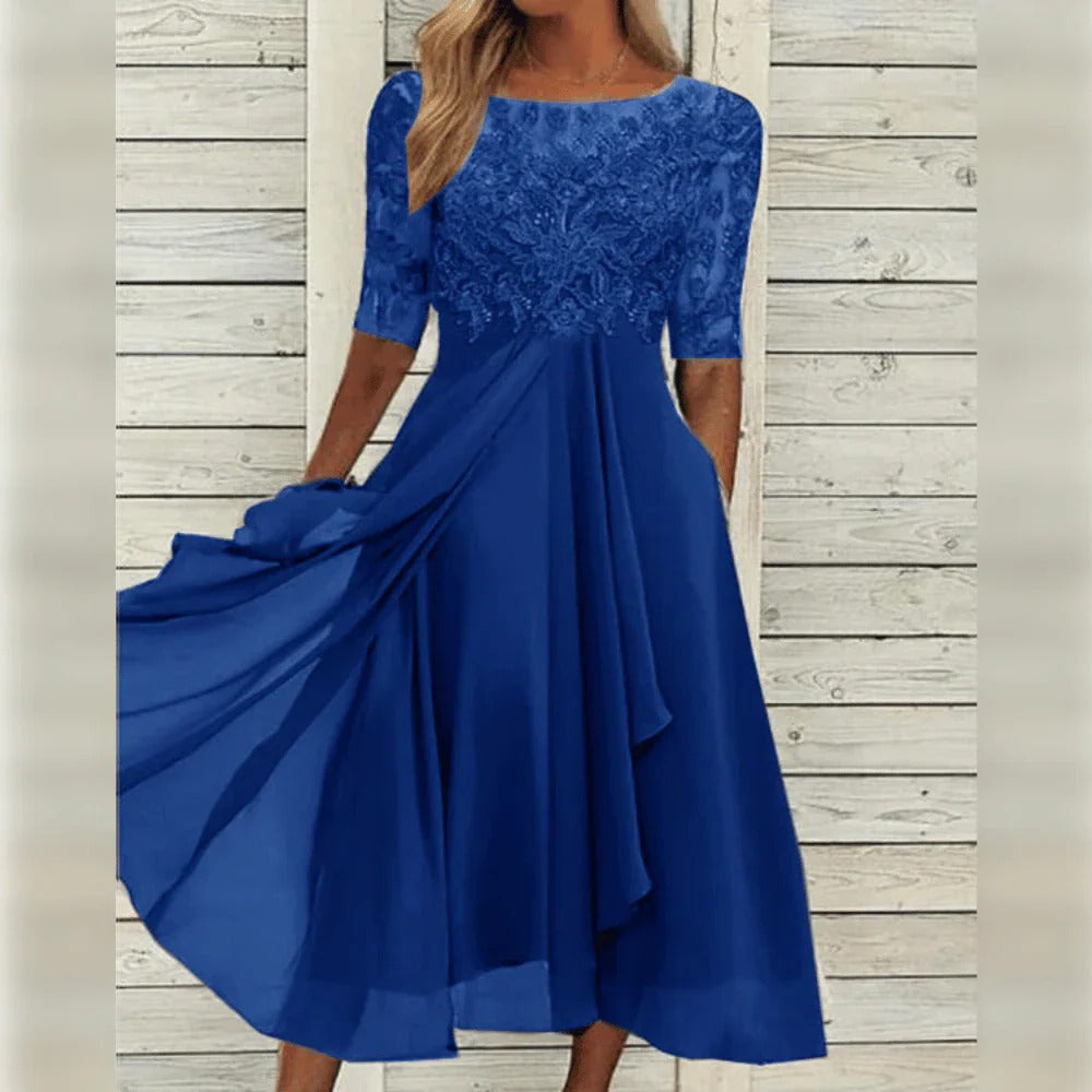 Elegant Midi Dress with Lace Detail and Flowing Skirt for Special Occasions