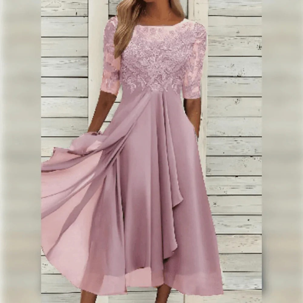 Elegant Midi Dress with Lace Detail and Flowing Skirt for Special Occasions