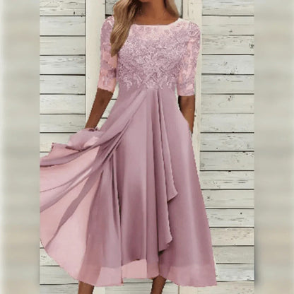 Elegant Midi Dress with Lace Detail and Flowing Skirt for Special Occasions