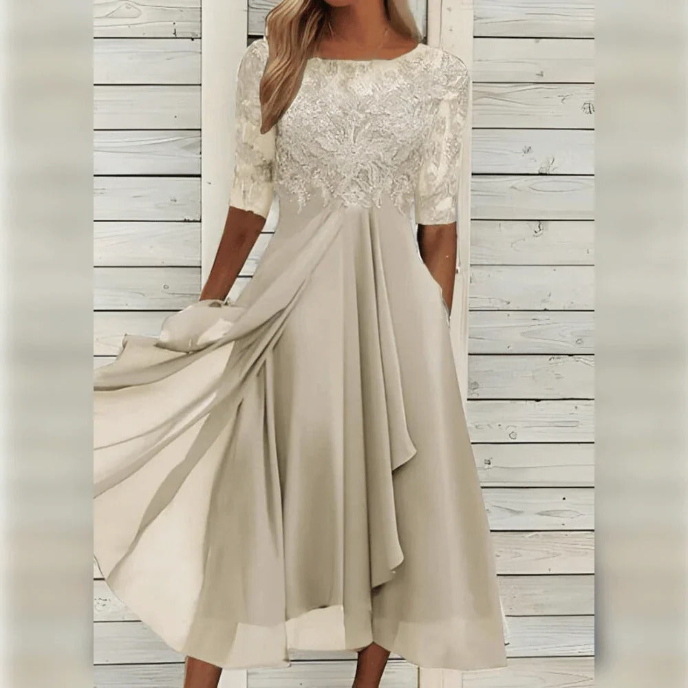 Elegant Midi Dress with Lace Detail and Flowing Skirt for Special Occasions