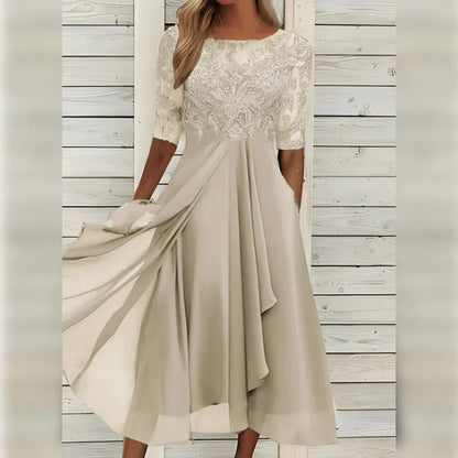 Elegant Midi Dress with Lace Detail and Flowing Skirt for Special Occasions