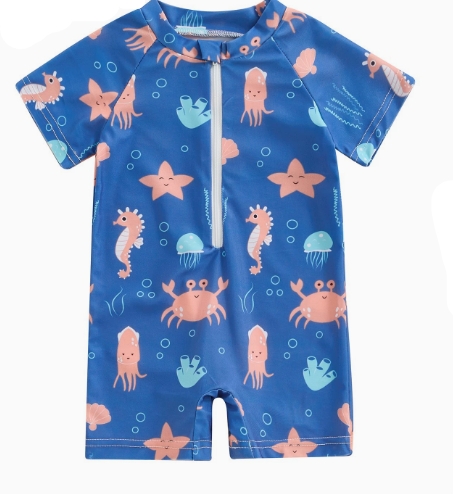 Traje de baño para bebés con protección UV y estampado de cangrejos - Cómodo bañador de una pieza para divertirse bajo el sol y chapotear