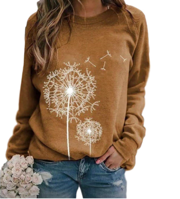 Ladies' Cosy Sweater with Fluffy Flower Print and Round Neck