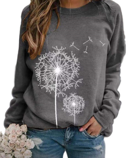 Ladies' Cosy Sweater with Fluffy Flower Print and Round Neck