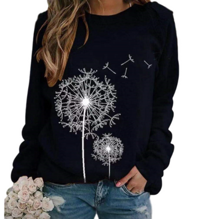Ladies' Cosy Sweater with Fluffy Flower Print and Round Neck