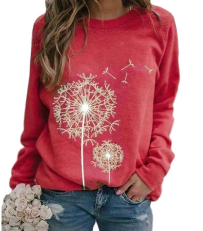 Ladies' Cosy Sweater with Fluffy Flower Print and Round Neck