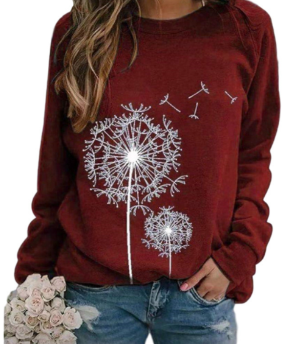 Ladies' Cosy Sweater with Fluffy Flower Print and Round Neck