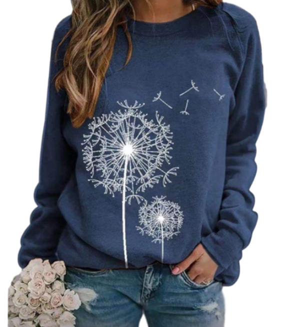 Ladies' Cosy Sweater with Fluffy Flower Print and Round Neck