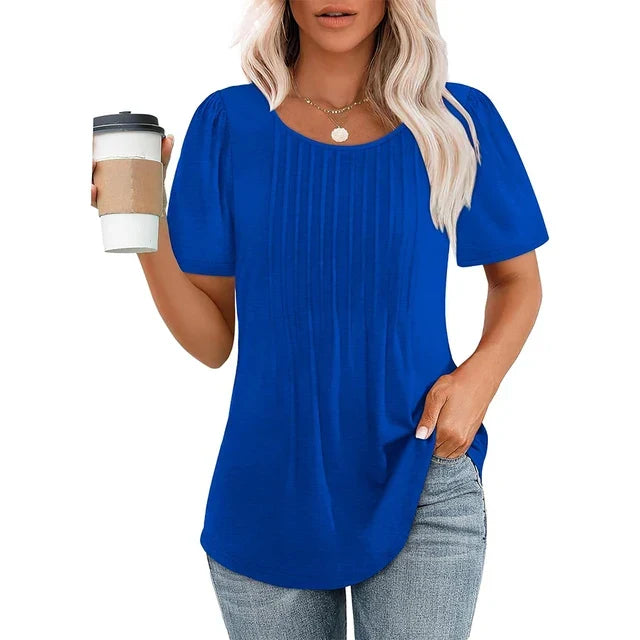 Camisa de verano para mujer con cuello redondo y detalles plisados