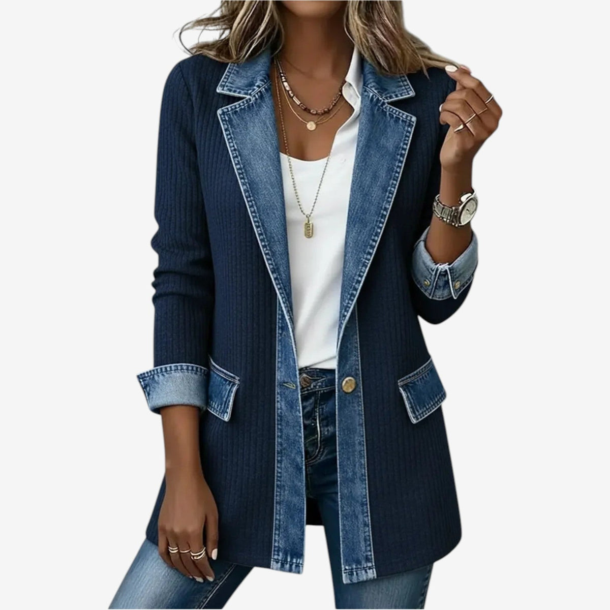 Ladies Trendy Ribbed Jacket with Notched Collar and Buttons