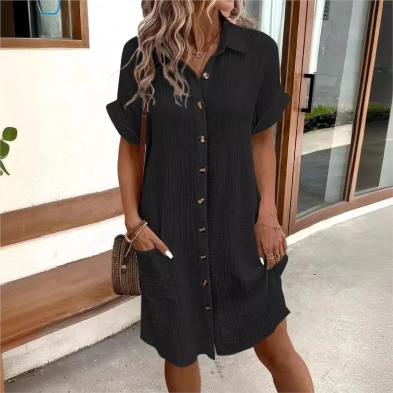 Light Summer Dress with Collar and Pockets for Women Casual Chic