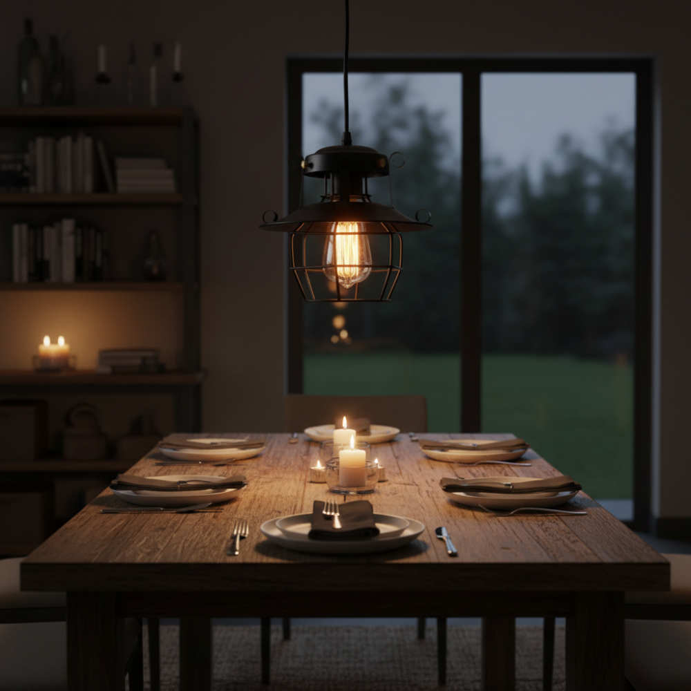 Industrial Pendant Light with Metal Cage and Adjustable Cable for Interior