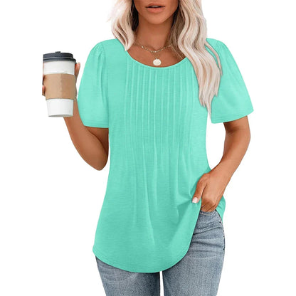 Camisa de verano para mujer con cuello redondo y detalles plisados