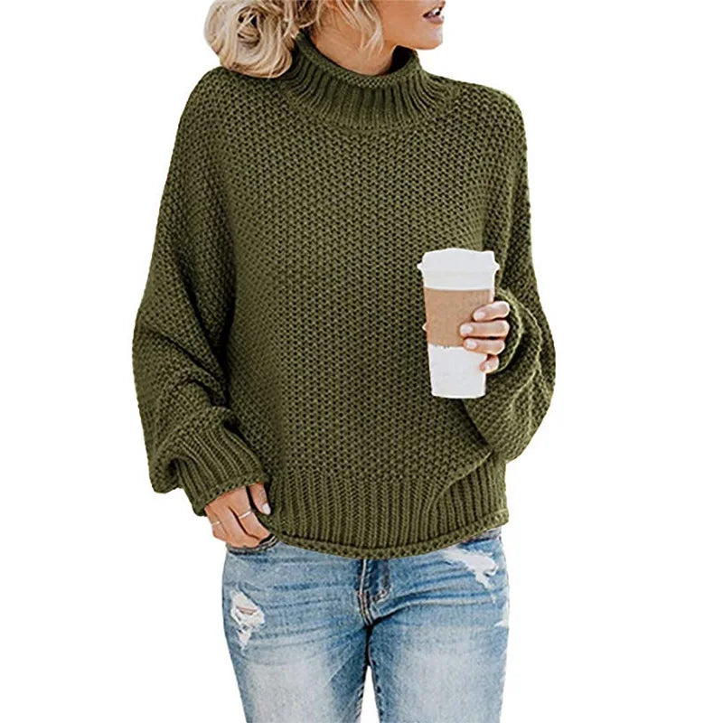 Cálido suéter oversize de cuello vuelto para mujer de punto grueso