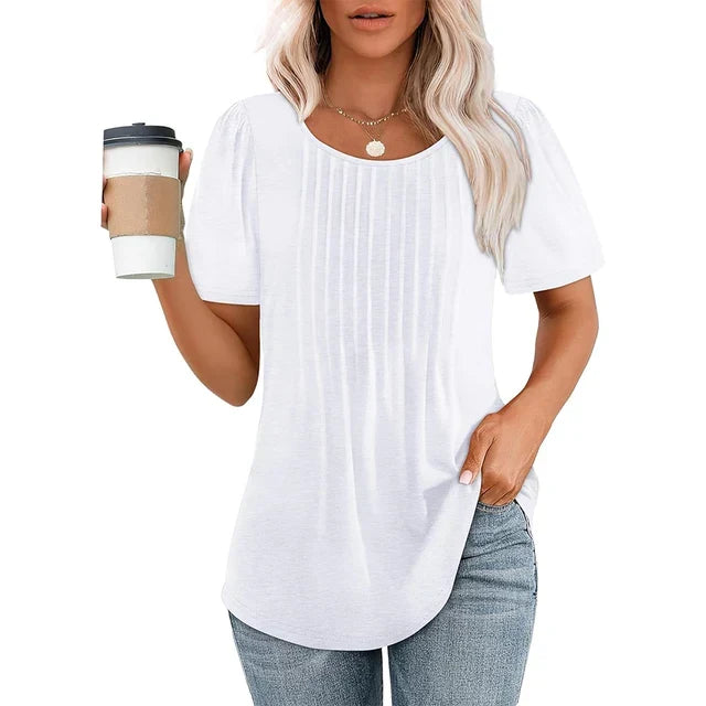 Camisa de verano para mujer con cuello redondo y detalles plisados