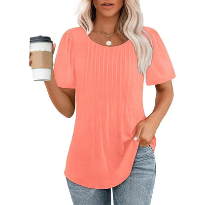 Camisa de verano para mujer con cuello redondo y detalles plisados
