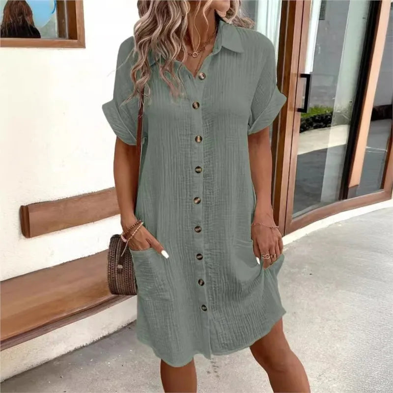 Light Summer Dress with Collar and Pockets for Women Casual Chic