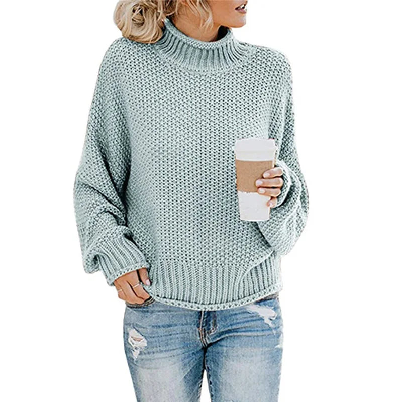 Cálido suéter oversize de cuello vuelto para mujer de punto grueso