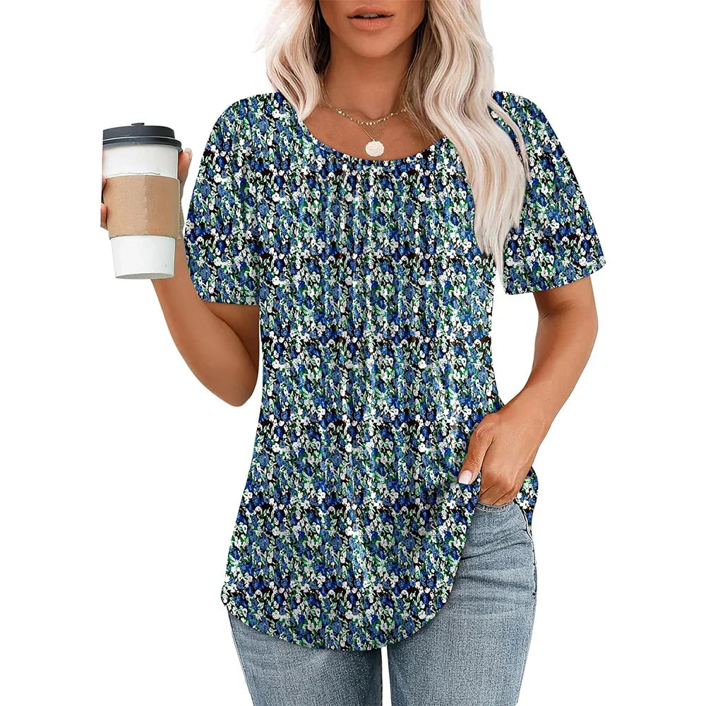 Camisa de verano para mujer con cuello redondo y detalles plisados