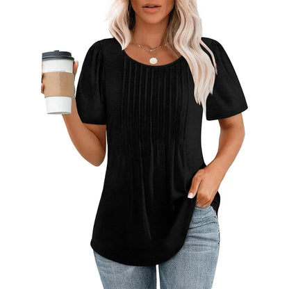 Camisa de verano para mujer con cuello redondo y detalles plisados