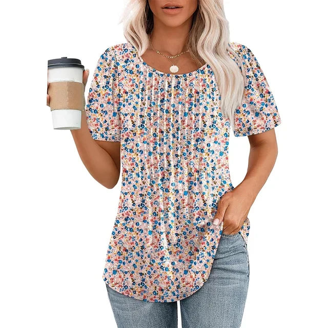 Camisa de verano para mujer con cuello redondo y detalles plisados