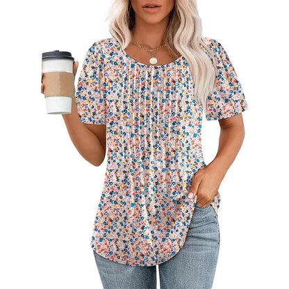 Camisa de verano para mujer con cuello redondo y detalles plisados