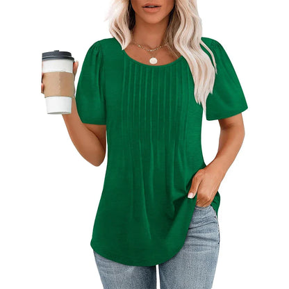Camisa de verano para mujer con cuello redondo y detalles plisados