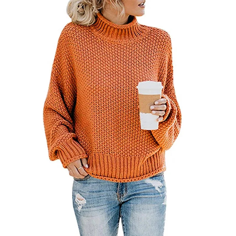 Cálido suéter oversize de cuello vuelto para mujer de punto grueso