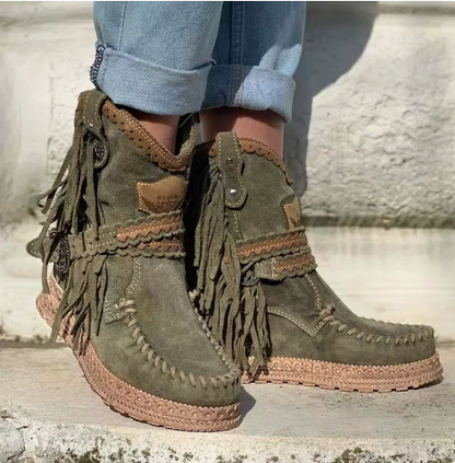 Ladies' Boho Suede Ankle Boots with Fringes and Braided Strap