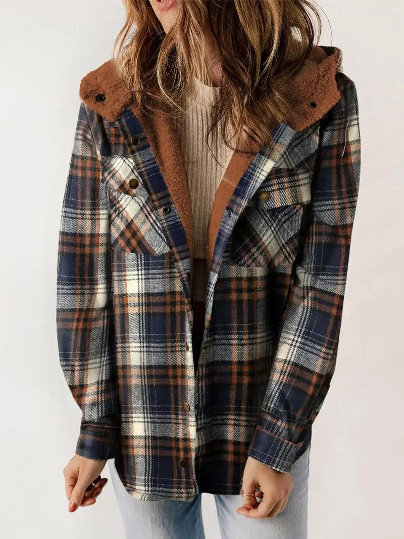 Ladies Checked Winter Teddy Coat with Hood Checked