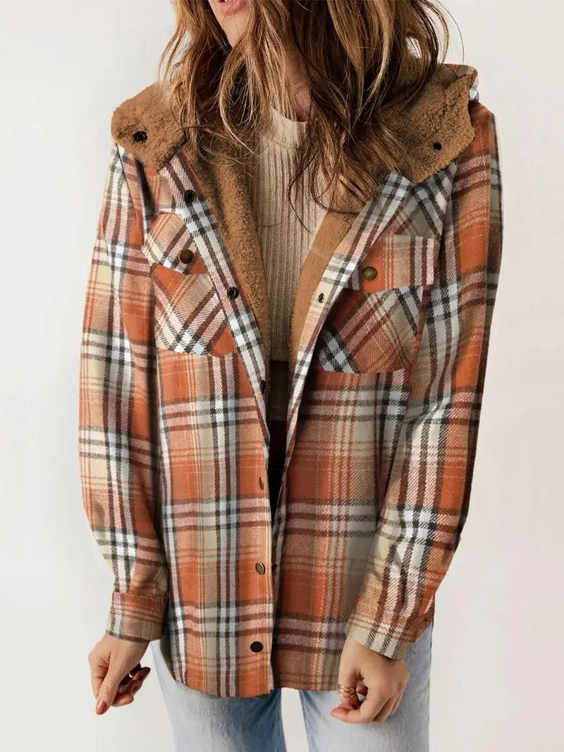 Ladies Checked Winter Teddy Coat with Hood Checked