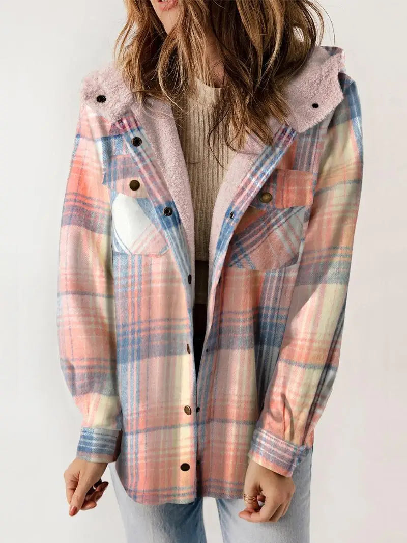 Ladies Checked Winter Teddy Coat with Hood Checked