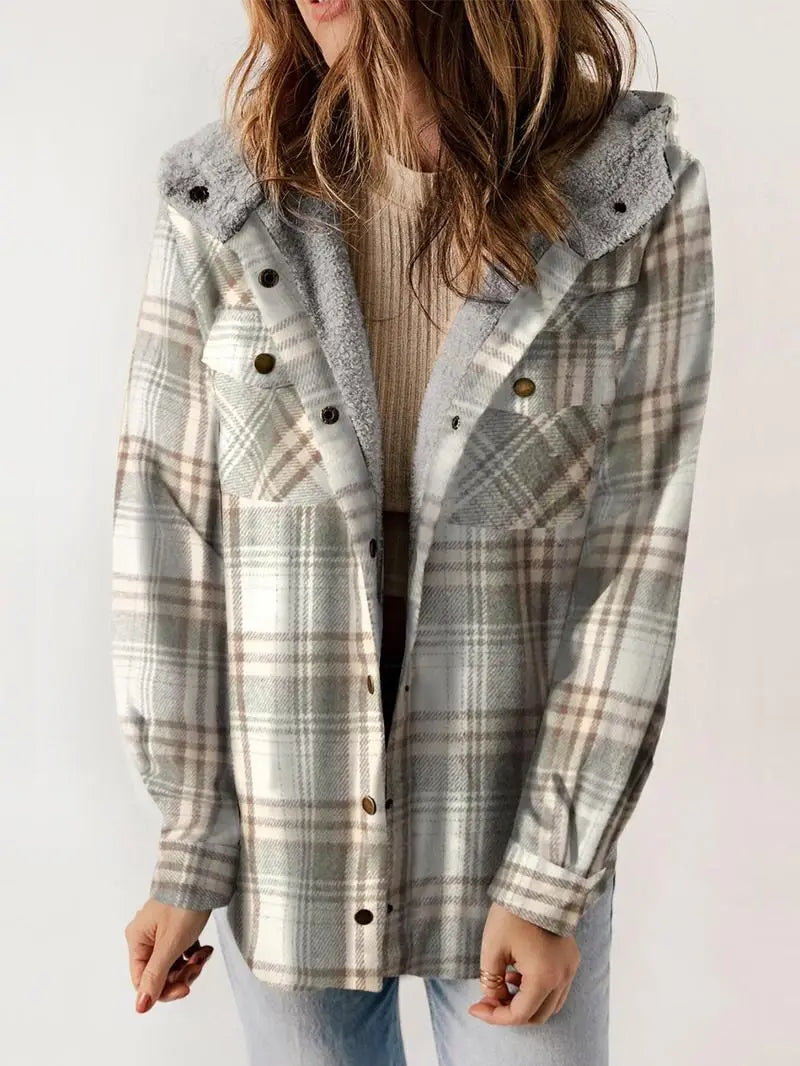 Ladies Checked Winter Teddy Coat with Hood Checked
