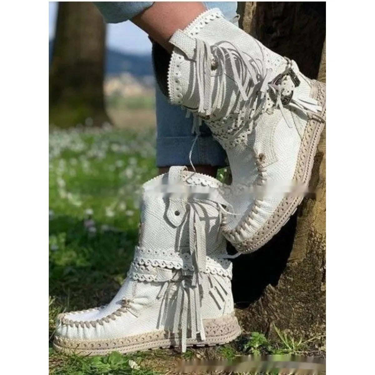 Ladies' Boho Suede Ankle Boots with Fringes and Braided Strap