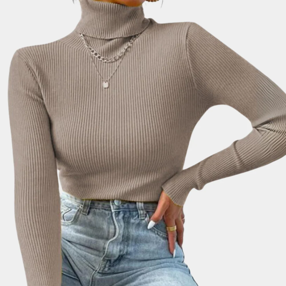 Bodycon Ribbed Roll Neck Jumper with Long Sleeves and Stretch for Women