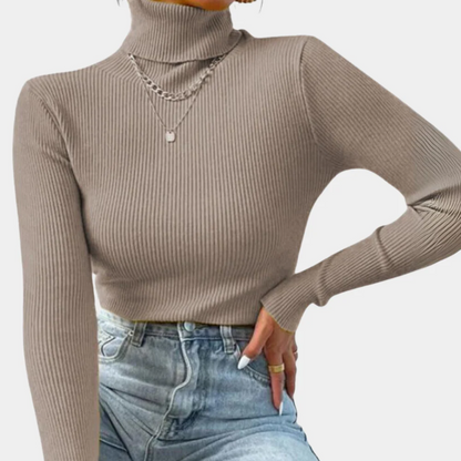 Bodycon Ribbed Roll Neck Jumper with Long Sleeves and Stretch for Women
