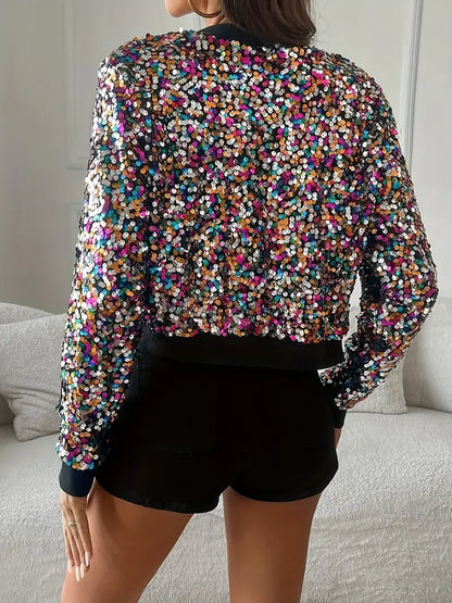 Women's Sequin Bomber Jacket Crop Top with Zip Multicolour