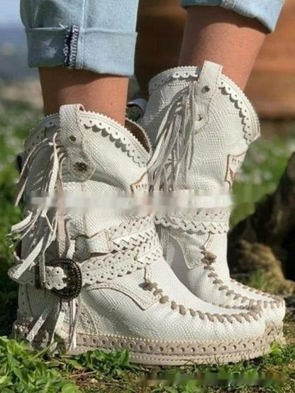 Ladies' Boho Suede Ankle Boots with Fringes and Braided Strap