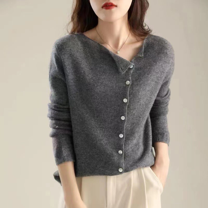 Ladies' Cosy Knitted Cardigan with Button Closure and Wide Neck