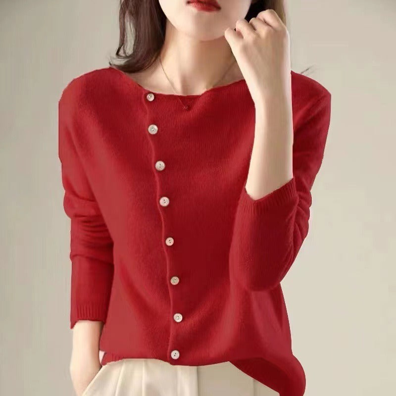 Ladies' Cosy Knitted Cardigan with Button Closure and Wide Neck