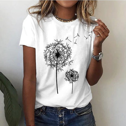 Drapey Ladies' T-shirt with 3D Dandelion Print