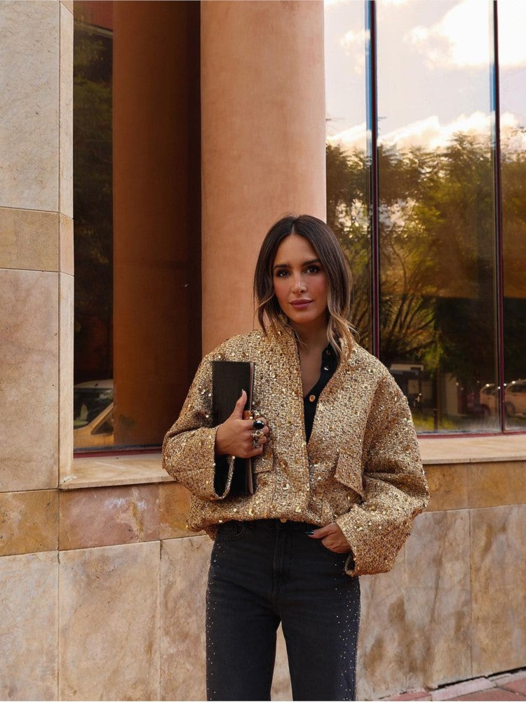 Chic ladies' jacket with golden glitter sequins