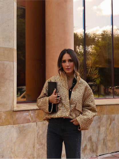Chic ladies' jacket with golden glitter sequins