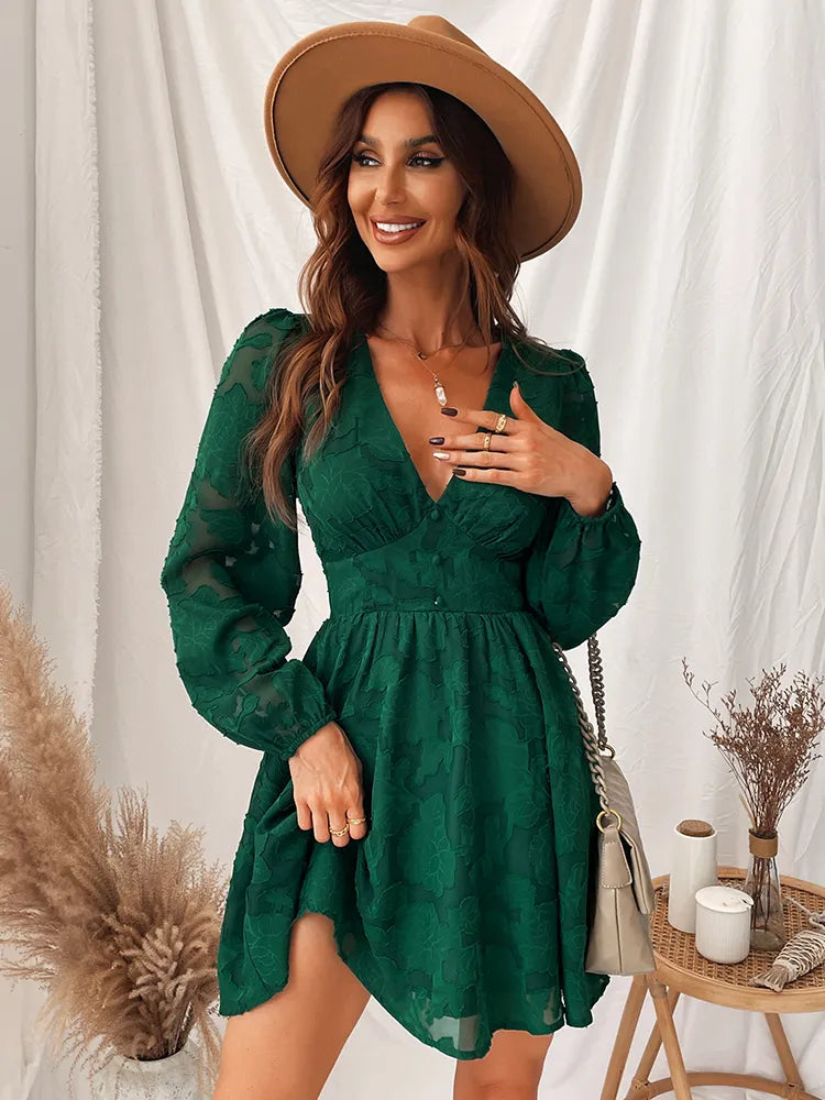Jasmijn | Long Sleeve Flare Dress with V-Neck