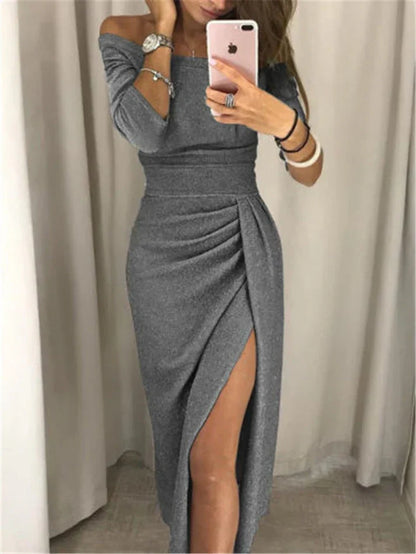 Ladies' Elegant Glitter Dress with Off-Shoulder and High Split