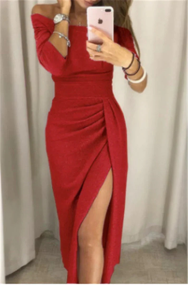 Ladies' Elegant Glitter Dress with Off-Shoulder and High Split