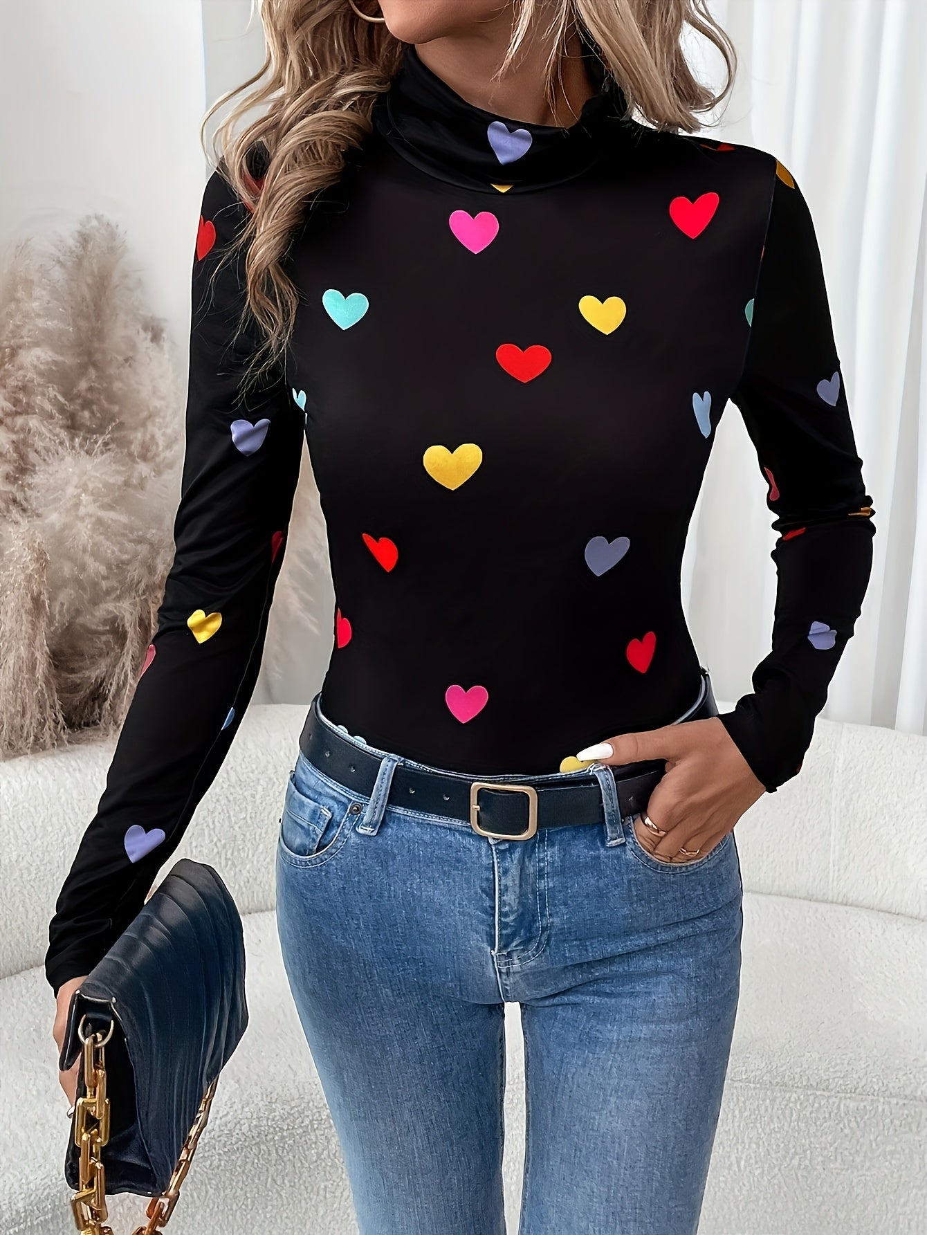 Jeanette | Chic Valentine's Day Heart Print Long Sleeve High Neck T-shirt