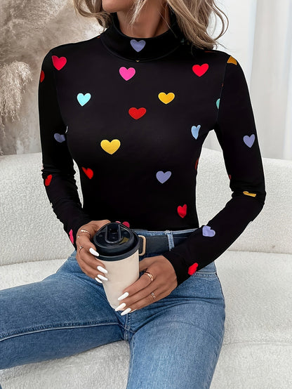 Jeanette | Chic Valentine's Day Heart Print Long Sleeve High Neck T-shirt