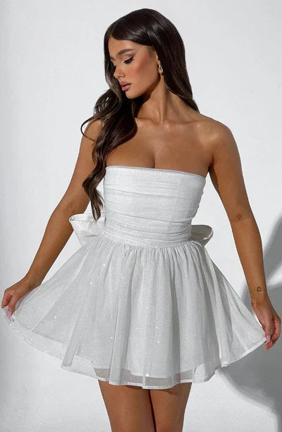 Strapless Glitter Mini Dress with Large Bow Cocktail Party for Ladies